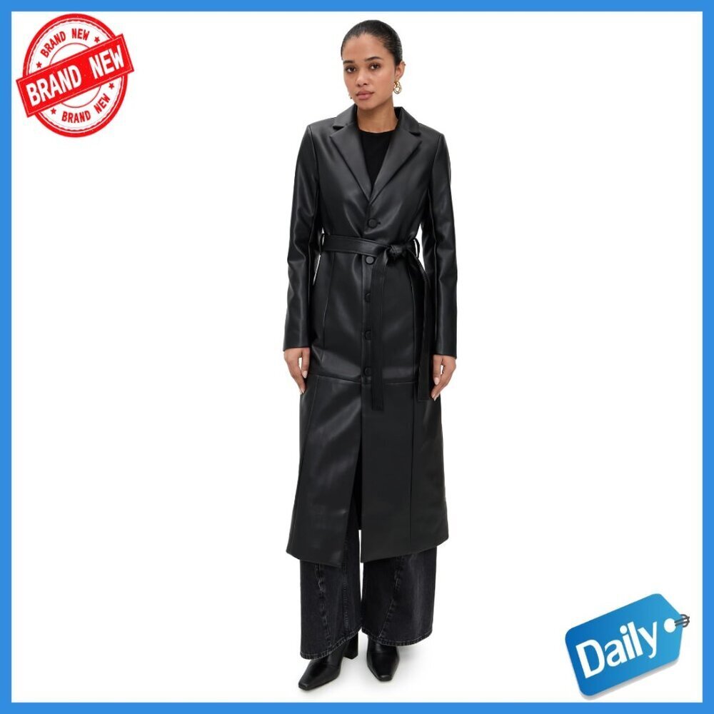 Faux Leather Trench Coat with Belt, Notched Lapels, Long Sleeve